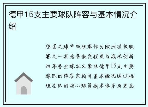 德甲15支主要球队阵容与基本情况介绍